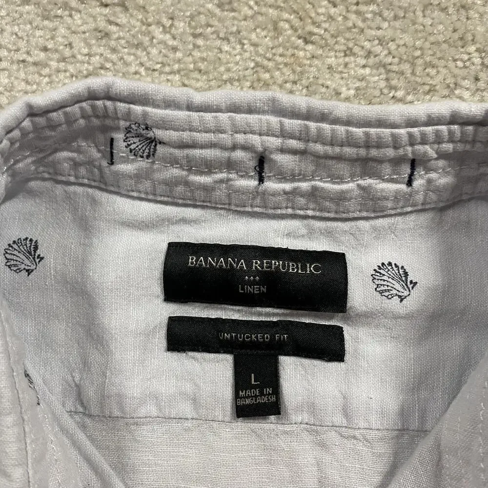 Banana Republic Shirt Mens L White Linen Seashell Embroidered Nautical Beach